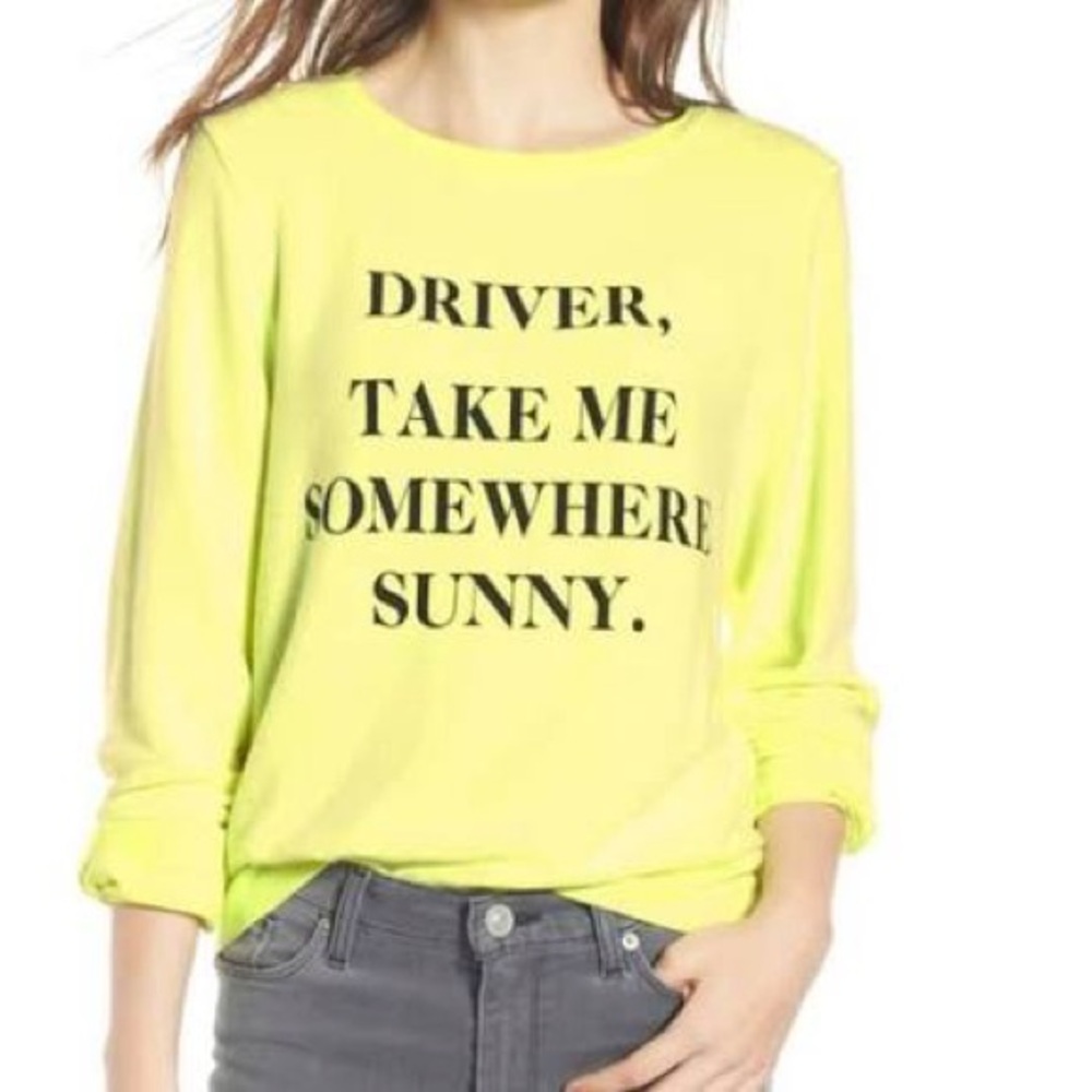 Wildfox Neon Yellow Graphic Top Sweatshirt “Driver, Take Me Somewhere Sunny”